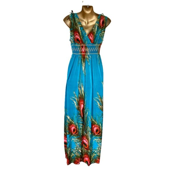 NWOT Turquoise Peacock Maxi Summer Dress | Versatile Festival Carnival Beachwear - Picture 3 of 11